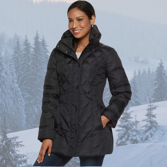 NEW - London Fog Faux-Fur-Trimmed Down Puffer Coat w/Hood - Black/Tan - Picture 5 of 13